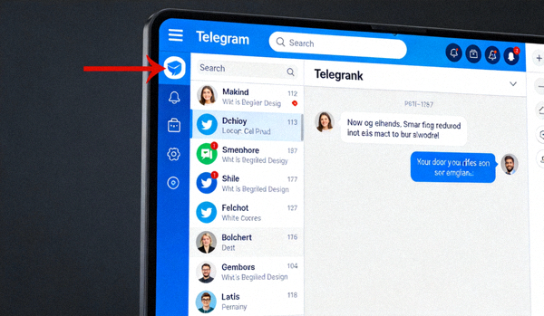 Telegram电脑版客户端主界面，箭头指向左上角的三条横线菜单图标