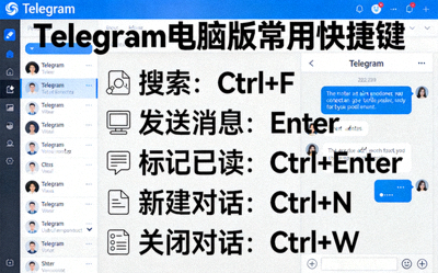 Telegram电脑版快捷键列表覆盖图，展示常用快捷键如搜索、发送、标记已读等