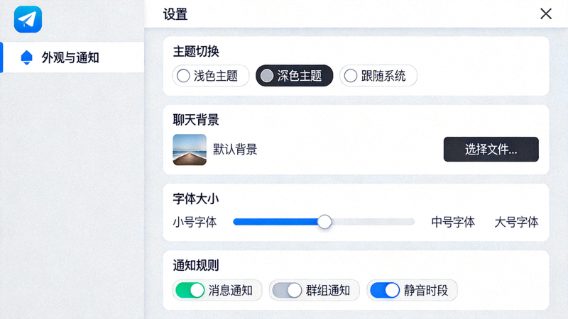 Telegram电脑版设置中的外观与通知自定义选项界面，展示主题切换、聊天背景、字体大小和通知规则设置