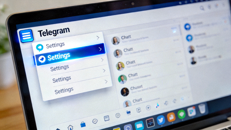 Telegram电脑版主界面，高亮显示左上角菜单按钮和下拉菜单中的Settings设置选项