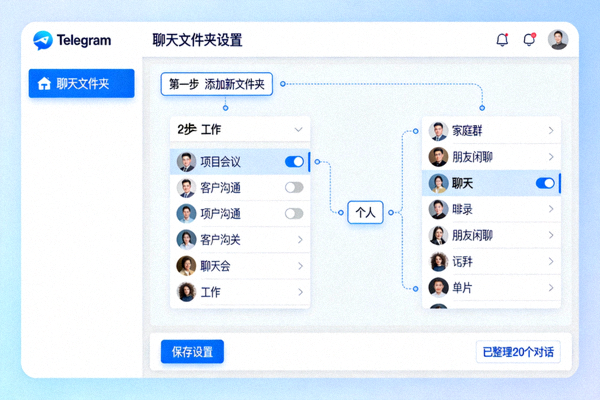 Telegram聊天文件夹功能设置界面，展示如何按工作、个人等分类整理对话