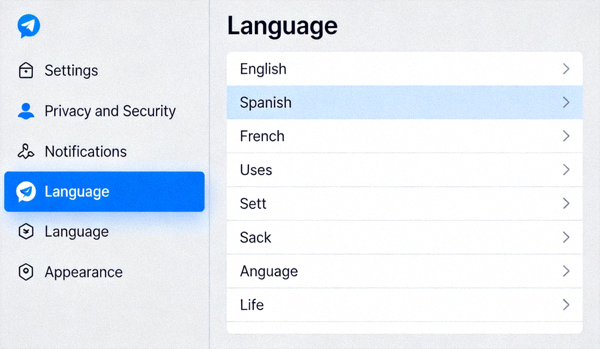 Telegram设置页面，左侧菜单中高亮显示Language语言选项