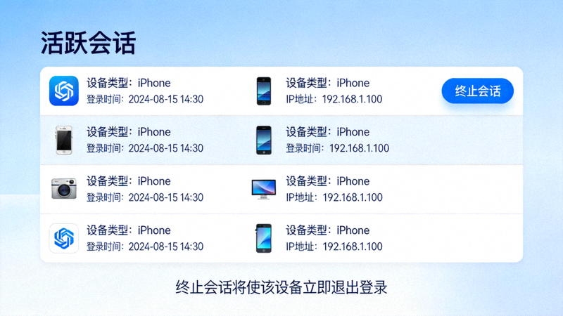 Telegram设置中的活跃会话管理页面，展示如何查看和终止其他设备的登录