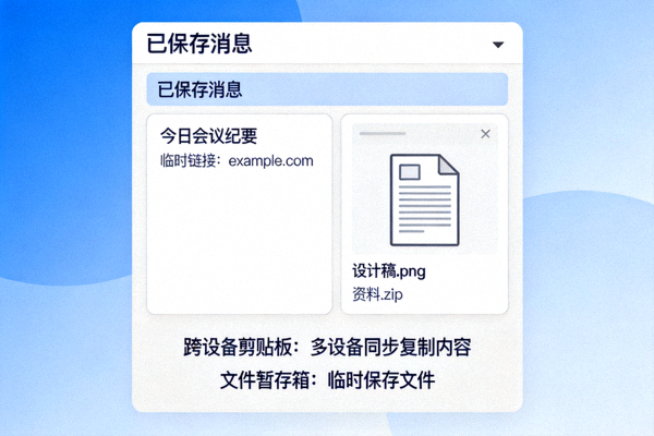 Telegram‘已保存消息’功能界面截图，展示如何用作跨设备剪贴板和文件暂存箱