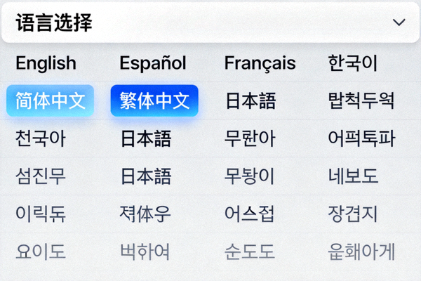 Telegram语言选择列表，高亮显示简体中文和繁体中文选项