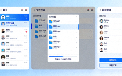 展示Telegram电脑版多标签聊天、大文件传输和群组管理面板的核心功能界面