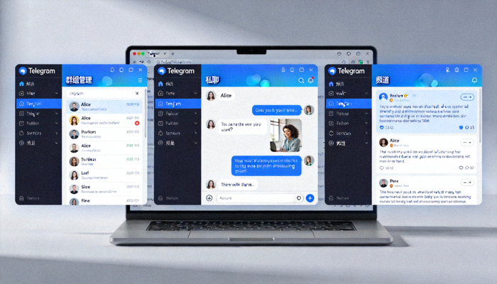 Telegram电脑版屏幕上同时打开群组管理、私聊和频道三个独立窗口的工作场景