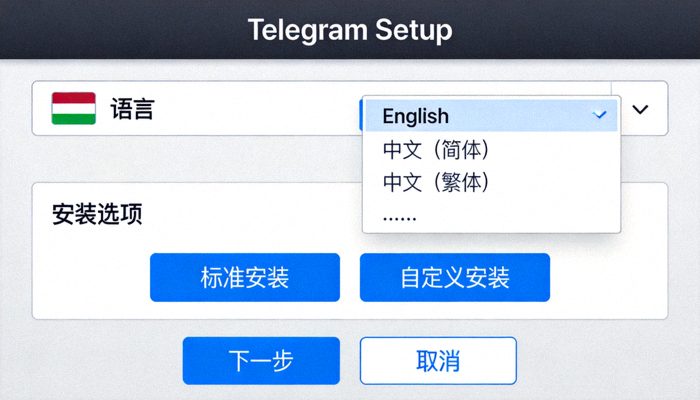 Telegram电脑版在Windows系统上的安装向导界面截图，展示语言选择和安装选项