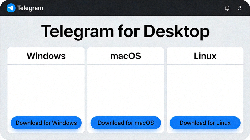 Telegram官方网站桌面版下载页面截图，展示Windows、macOS和Linux系统的下载按钮